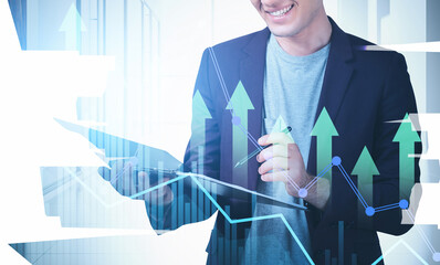 Smiling businessman reviewing data on clipboard with green arrows and charts overlay, creative graphical style, bright office background, concept of business success