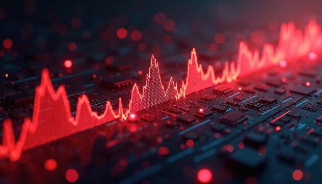 Red waveform display against circuit board. Digital signal fluctuates, showing tech data. Abstract digital wave visualization on dark surface illustrates computation performance graph with light