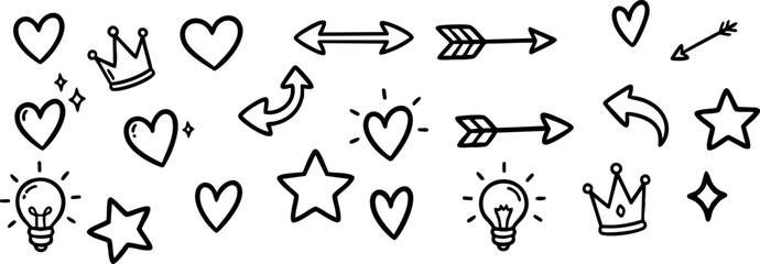 Cute Doodle Set of Arrows, Hearts, Stars, Crowns, and Light Bulbs