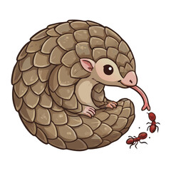 Cute cartoon pangolin eating ants in a circular pose, isolated on white