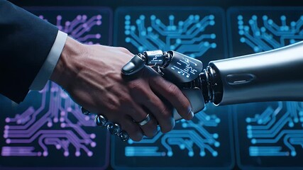 Futuristic handshake between human and robot against a digital circuit backdrop highlighting collaboration and technological advancement, - Powered by Adobe