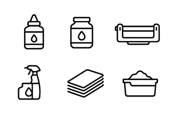 Printer Consumables Icons. Outline icon set of printer consumables: ink bottle, toner powder, drum unit, print ribbon, cleaning kit, refill cartridge, paper