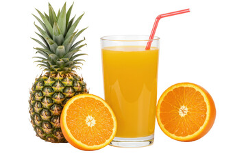 Glass of orange juice with sliced oranges and a pineapple on white background, symbolizing tropical refreshment and vitamin C.
