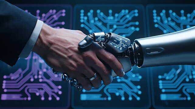 Futuristic handshake between human and robot against a digital circuit backdrop highlighting collaboration and technological advancement, - Powered by Adobe