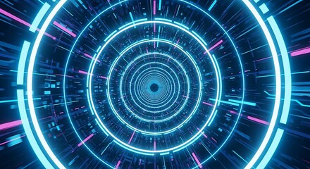 Ultra highresolution, professional studio photography of abstract futuristic tunnel with glowing neon blue and pink rings and digital circuit patterns, representing technology and speed