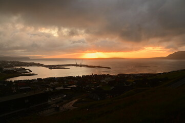 Morning Sunlight Breaking Over Torshavn and Atlantic Coast, Faroe Islands