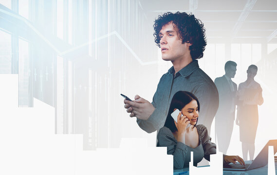 Group of business professionals communicating and working with digital devices in creative composite style over bright office background, symbolizing teamwork - Powered by Adobe