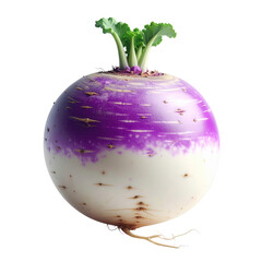 A vibrant, isolated turnip showcases a gradient color scheme of purple and white, complemented by fresh green leaves.