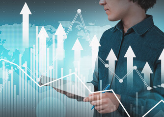 Man in denim shirt holding tablet with graphs and arrows overlay, digital style, blue gradient background, concept of business growth and finance