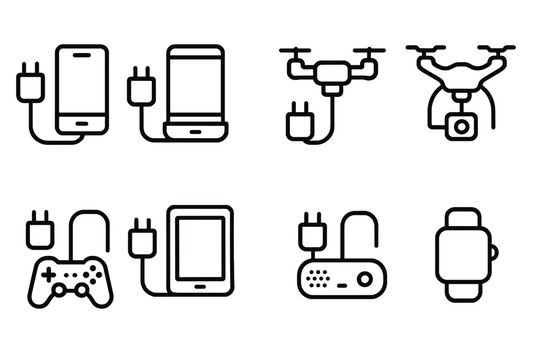 Device Charger Icons. Outline icon set of charger icons for devices: smartphone charger, laptop charger, camera charger, drone charger, tablet charger, gaming