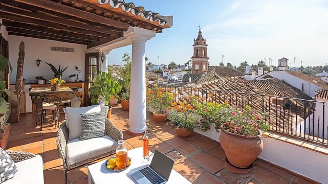 Rooftop terrace with stunning city views and historic architecture in Seville, Spain.