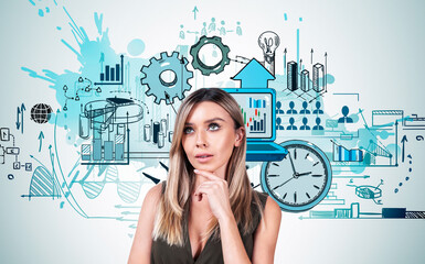 Thoughtful young woman in front of creative business-themed infographic drawings with charts, gears, graphs, and icons on a white background
