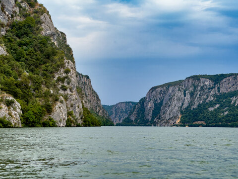A stunning view of the narrowest and most dramatic section of the Danube Gorges, known as Cazanele Dunării (Danube's Boilers).
