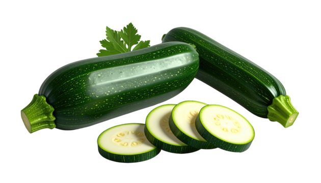 shot shows two whole and sliced green zucchini vegetables with a green leaf, placed on a solid black background.