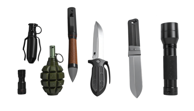 Assortment of tactical tools, including knives, flashlights, and grenades, arranged on a stark black backdrop, providing a detailed view of each instrument's construction and design, showcasing...
