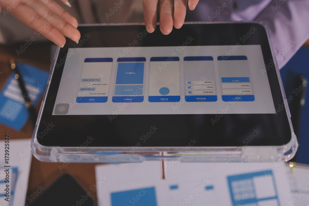 Wall mural close up ux developer and ui designer brainstorming about mobile app interface wireframe design on t