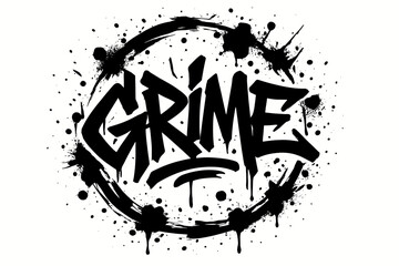 Graffiti Art Vibes. Grime, graffiti lettering, raw edgy strokes, surrounded by paint splashes, circular frame composition, clean white background, vector look,