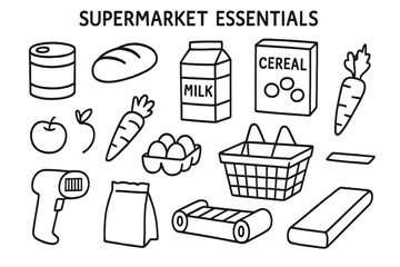 Fototapeta premium Supermarket Doodle Essentials. Supermarket Essentials. Hand-drawn doodle illustration canned goods, bread loaf, milk carton, cereal box, fruit, vegetables,