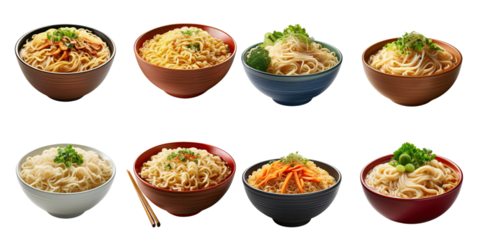 Variety of Delicious Noodle Bowls with Fresh Ingredients and Toppings, PNG bundle collection, Isolated on Transparent Background