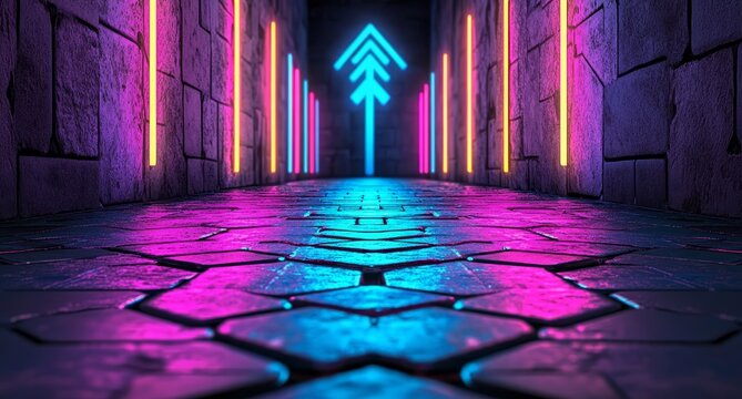 The abstract design presents a futuristic digital grid with arrows of glowing blue and pink that ascend, overlaid on a hexagonal pattern which instills a sense of depth and perspective