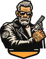 Angry Bearded Biker Holding a Revolver Gun Illustration

