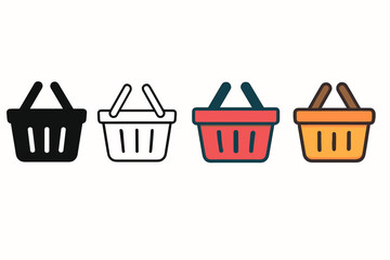 Shopping Basket Icons. Vector icon shopping basket add same pose same proportions four styles black solid glyph outline minimal flat multicolor filled cartoon