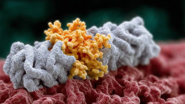 Microscopic Visualization of Protein Interaction with Distinct Structures in a Cellular Environment, Showcasing Complex Biological Mechanisms and Molecular Dynamics