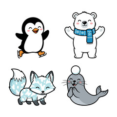 Adorable cartoon arctic animals showcasing winter fun and friendship, perfect for cheerful seasonal designs and children's projects