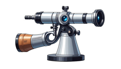 Detailed illustration depicts a stylized telescope, showcasing its metallic components and optical lenses.