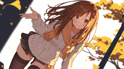 秋の公園で微笑む女子高生イラスト　セーターとマフラーの暖かい秋ファッション
