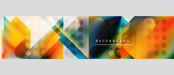 Abstract geometric shapes, vibrant colors, modern design. Overlapping squares, circles create dynamic visual texture. Background includes text elements.