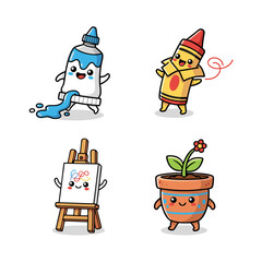 Happy creative concept with a charming collection of cute art supply mascots