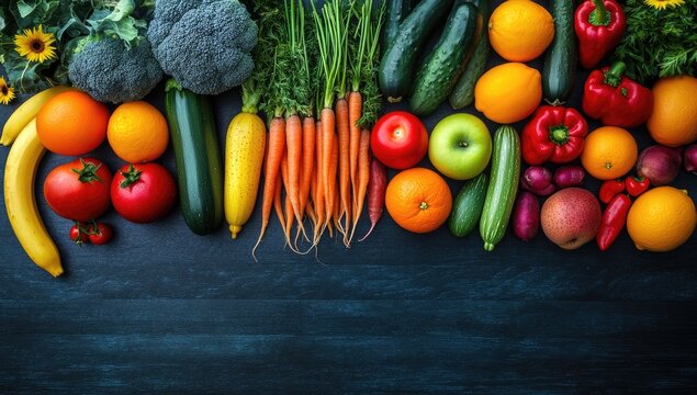 Colorful produce array veggies, fruits, greens