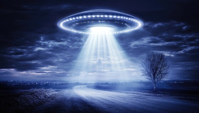 UFO beam over road, night sky