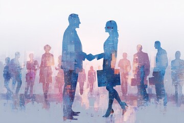 Silhouette figures shaking hands, overlaid with an abstract city scene, symbolizing business collaboration
