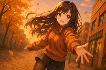秋の街を駆ける笑顔の女子高生イラスト　オレンジ色のセーターと落ち葉舞う風景
