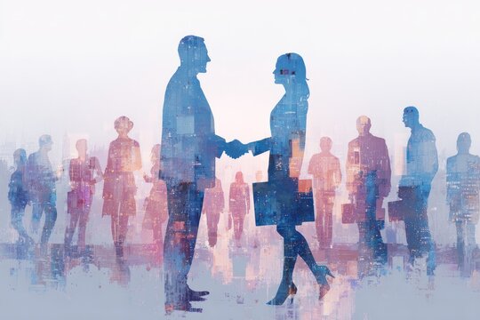 Silhouette figures shaking hands, overlaid with an abstract city scene, symbolizing business collaboration