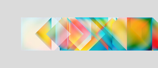 Abstract geometric composition. Colorful triangles overlap, creating vibrant patterns. Soft gradients blend hues, forming dynamic visuals.