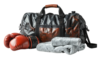 Sporting equipment arrangement showcases a leather boxing bag alongside striking red boxing gloves and folded gray towels, all presented against a stark black backdrop, evoking a sense of preparation.