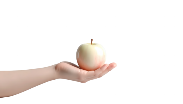 Delicate hand cradles a small, light-colored  with subtle pink hues, presented against a stark black background, creating a sense of simplicity and focused attention on the single fruit, showcasing...