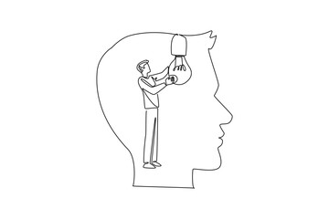 Single one line drawing a man installs a large bulb inside the silhouette of a large head. Stimulate brilliant ideas to come out. National Creativity Day. Continuous line design graphic illustration