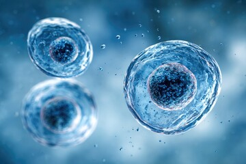 Macro view of three translucent biological cells floating in a liquid with detailed cellular structures