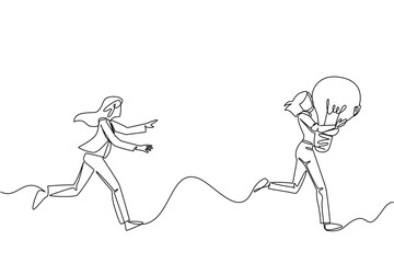 Continuous one line drawing a businesswoman chases a woman running with a light bulb. The thief of ideas. A disturbing crime. National Creativity Day. Single line draw design vector illustration