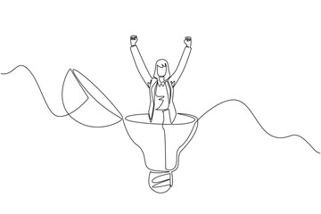 Fototapeta na wymiar Continuous one line drawing a businesswoman stands in lightbulb with the top open raising hands. Get out of the erratic mind. Idea. National Creativity Day. Single line draw design vector illustration