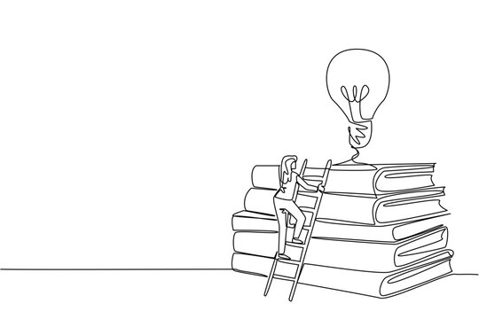 Single continuous line drawing a woman climbs a stack of thick books with a lightbulb floating above. High learning process. Study. Genius. National Creativity Day. One line design vector illustration