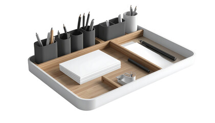 Organized desk organizer displaying various stationery items, including pens, pencils, notepaper, and a stapler, against a contrasting black background, presenting a clean and modern aesthetic.