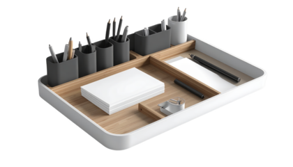 Organized desk organizer displaying various stationery items, including pens, pencils, notepaper, and a stapler, against a contrasting black background, presenting a clean and modern aesthetic.