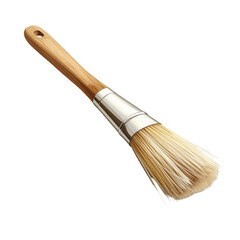 High-angle  shot presents a clean, new, unused paintbrush featuring a natural wooden handle, metallic ferrule, and pale bristles arranged on a dark, black background providing stark contrast.
