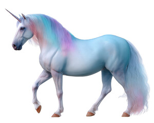 Majestic white unicorn, magical fantasy creature from mythology and legend. This beautiful mythical horse with pastel rainbow mane and horn walks with enchanting grace