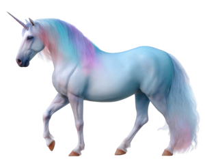 Majestic white unicorn, magical fantasy creature from mythology and legend. This beautiful mythical horse with pastel rainbow mane and horn walks with enchanting grace